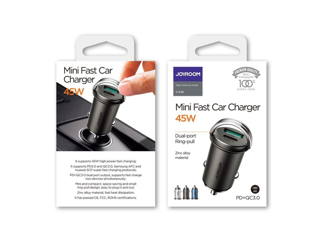 Carregador rápido para carro Joyroom USB Tipo C / USB 45W 5A Power Delivery Quick Charge 3.0 AFC SCP