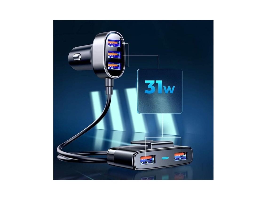 Carregador veicular r�pido Joyroom 5x USB 6.2 A com cabo de extens�o preto (JR-CL03)