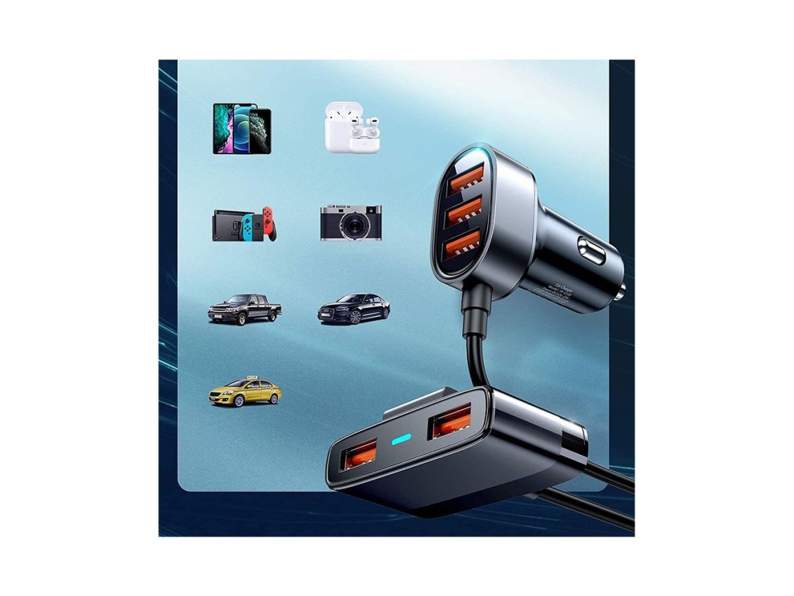 Carregador veicular r�pido Joyroom 5x USB 6.2 A com cabo de extens�o preto (JR-CL03)