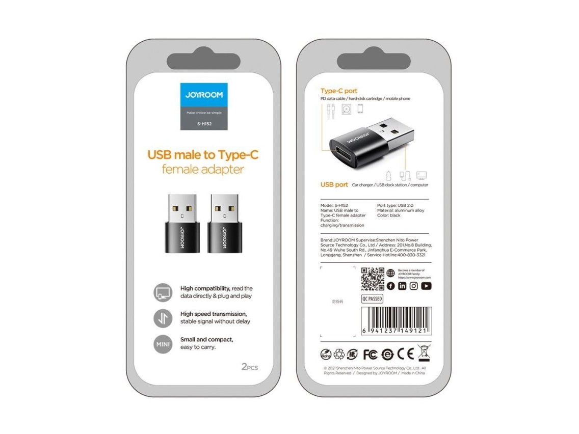 Adaptador Joyroom de USB Tipo C (fêmea) para USB (macho) 2 unidades, preto (S-H152 Preto)