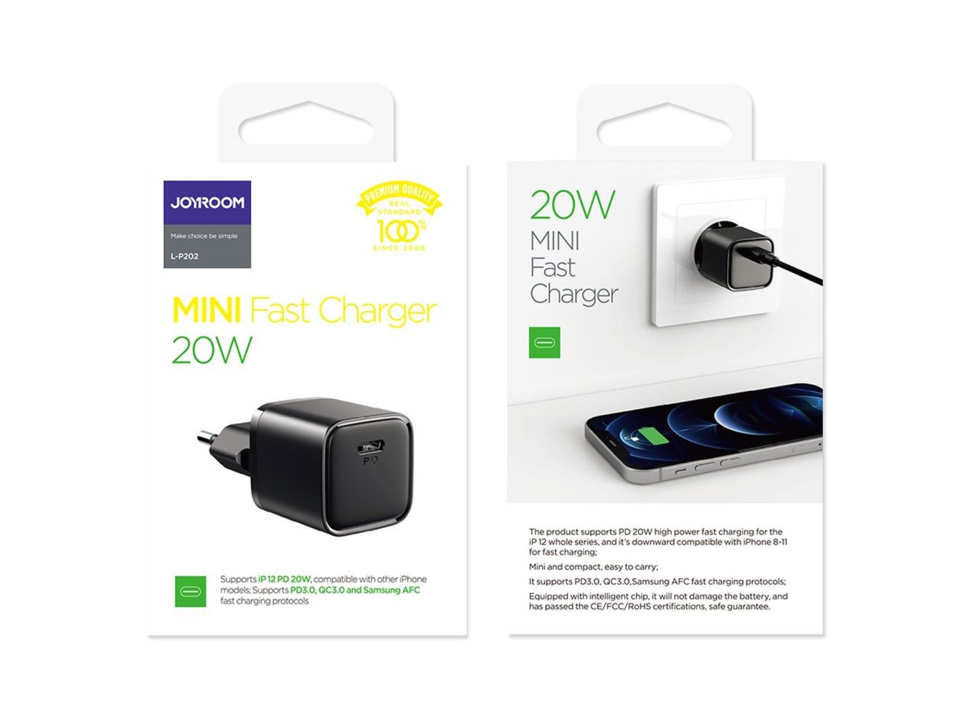 Cargador de pared rápido Joyroom USB Tipo C 20W Power Delivery Quick Charge 3.0 AFC negro (L-P202)