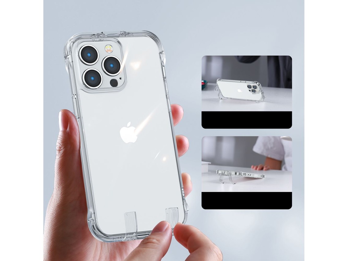 Capa protetora Joyroom Defender Series para iPhone 14 Pro Max, com suporte e gancho, transparente (J