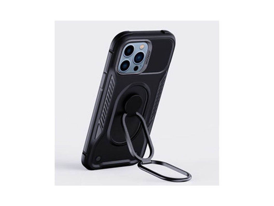 Capa Joyroom Dual Hinge para iPhone 14 Pro, capa reforçada com suporte e anel de fixação, preta.