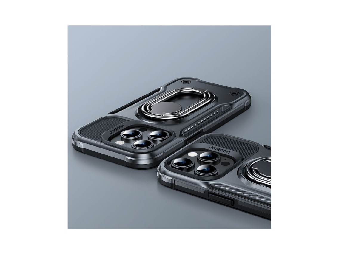 Capa Joyroom Dual Hinge para iPhone 14 Pro, capa reforçada com suporte e anel de fixação, preta.