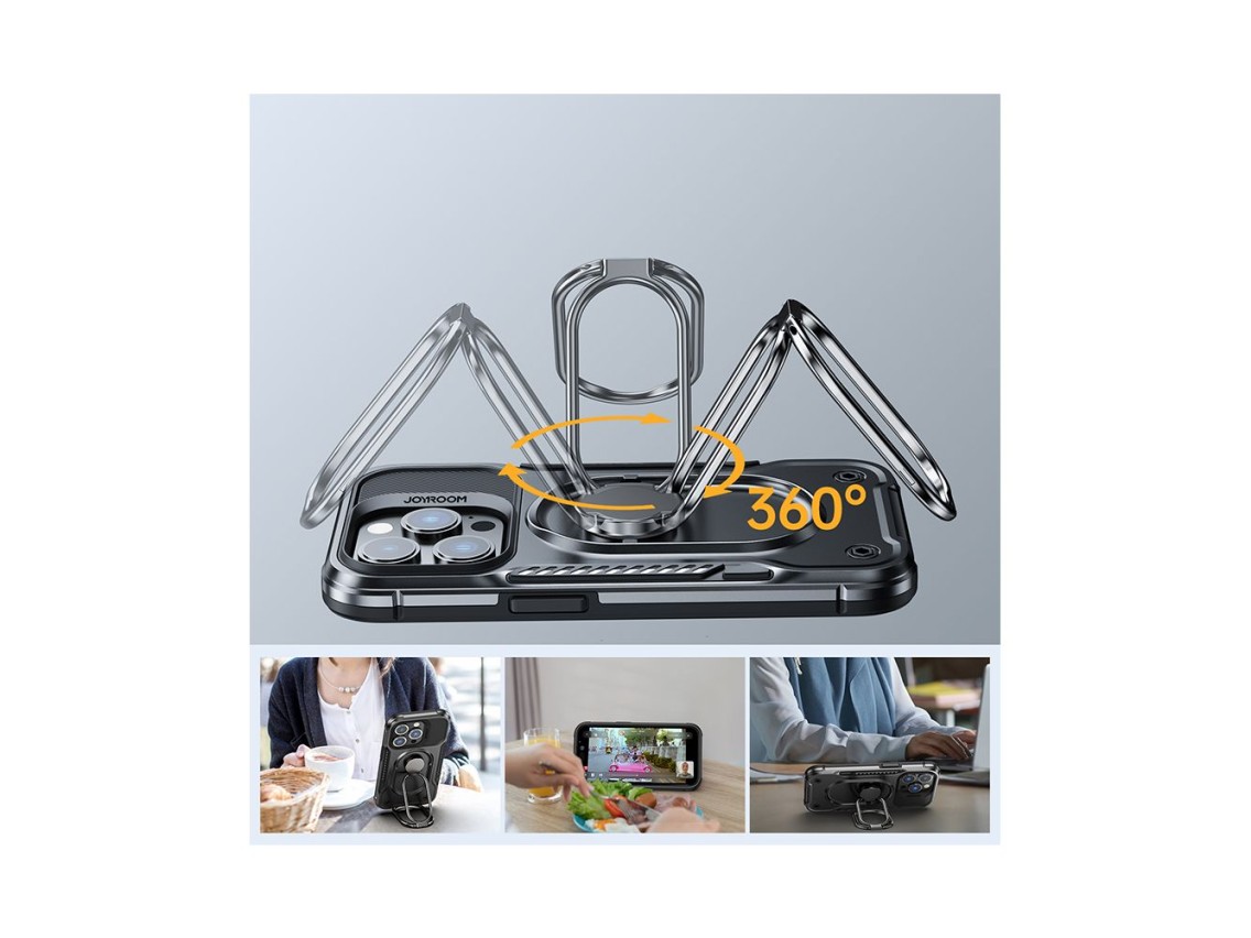 Capa Joyroom Dual Hinge para iPhone 14 Pro, capa reforçada com suporte e anel de fixação, preta.