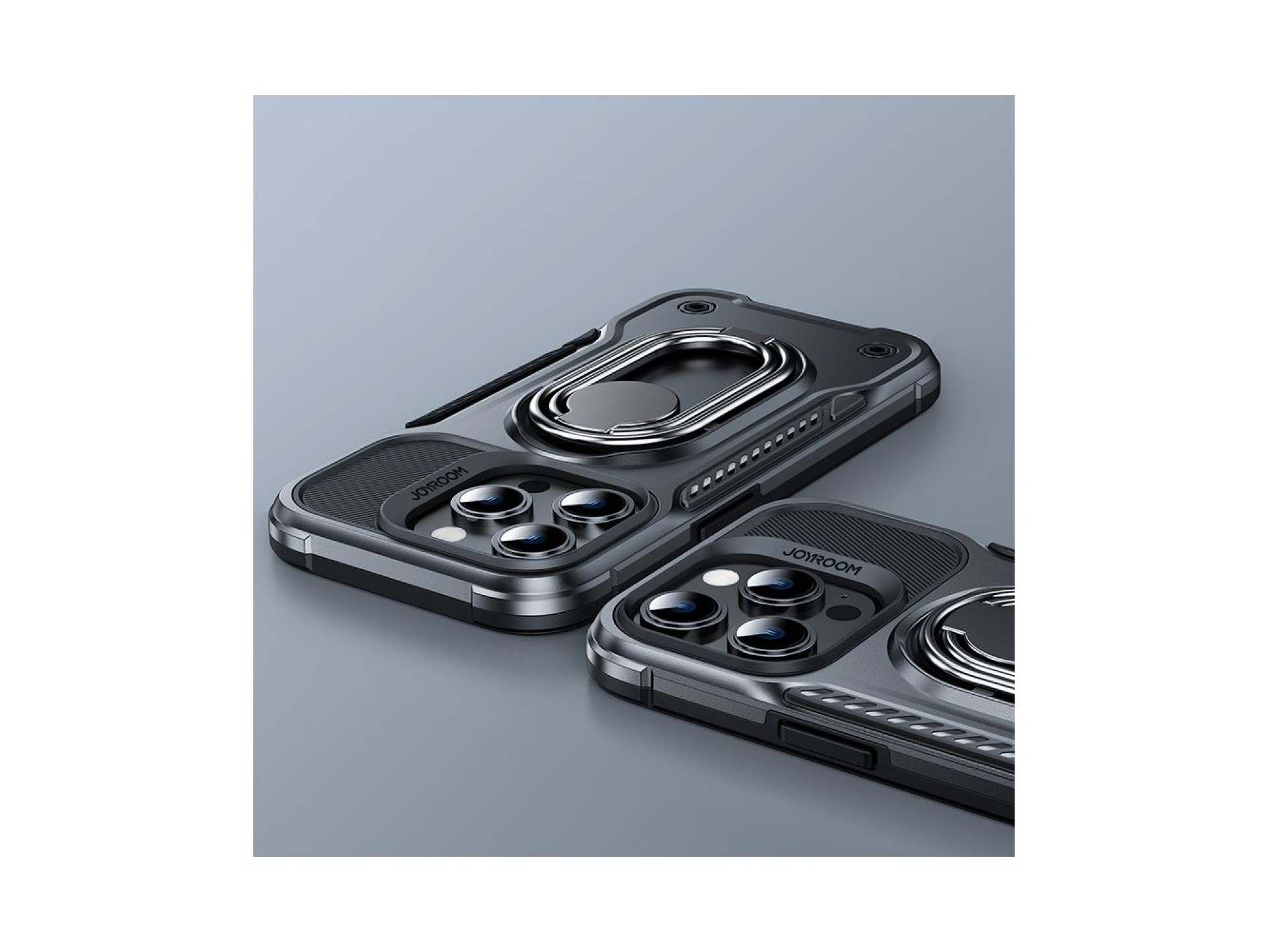 Capa Joyroom Dual Hinge para iPhone 14 Pro, capa reforçada com suporte e anel de fixação, preta.