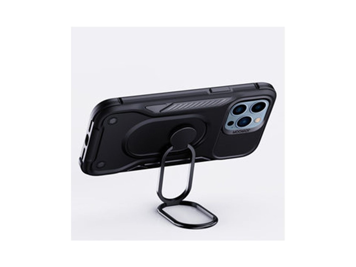 Capa Joyroom Dual Hinge para iPhone 14 Pro, capa reforçada com suporte e anel de fixação, preta.
