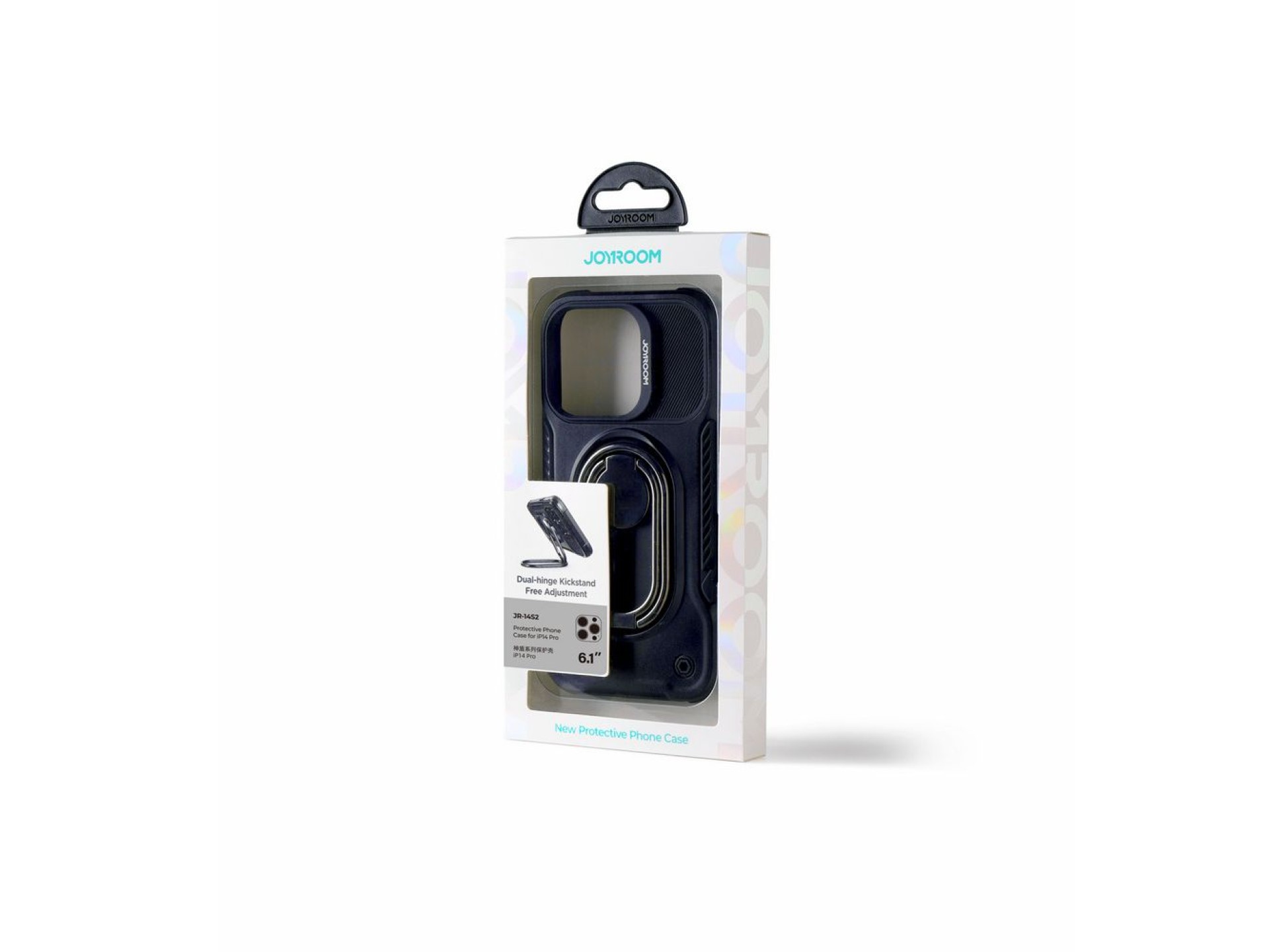 Capa Joyroom Dual Hinge para iPhone 14 Pro, capa reforçada com suporte e anel de fixação, preta.