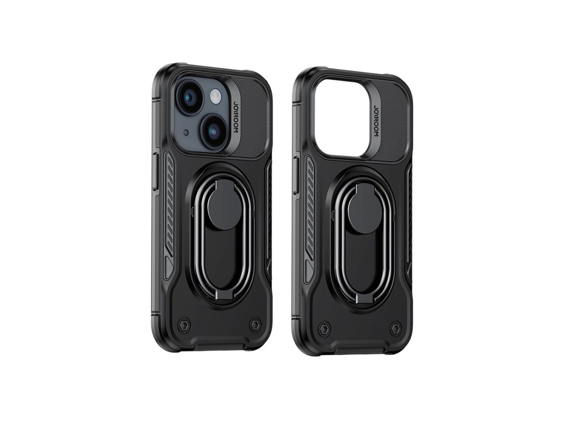 Capa Joyroom Dual Hinge para iPhone 14, capa reforçada com suporte e anel de fixação, preta.