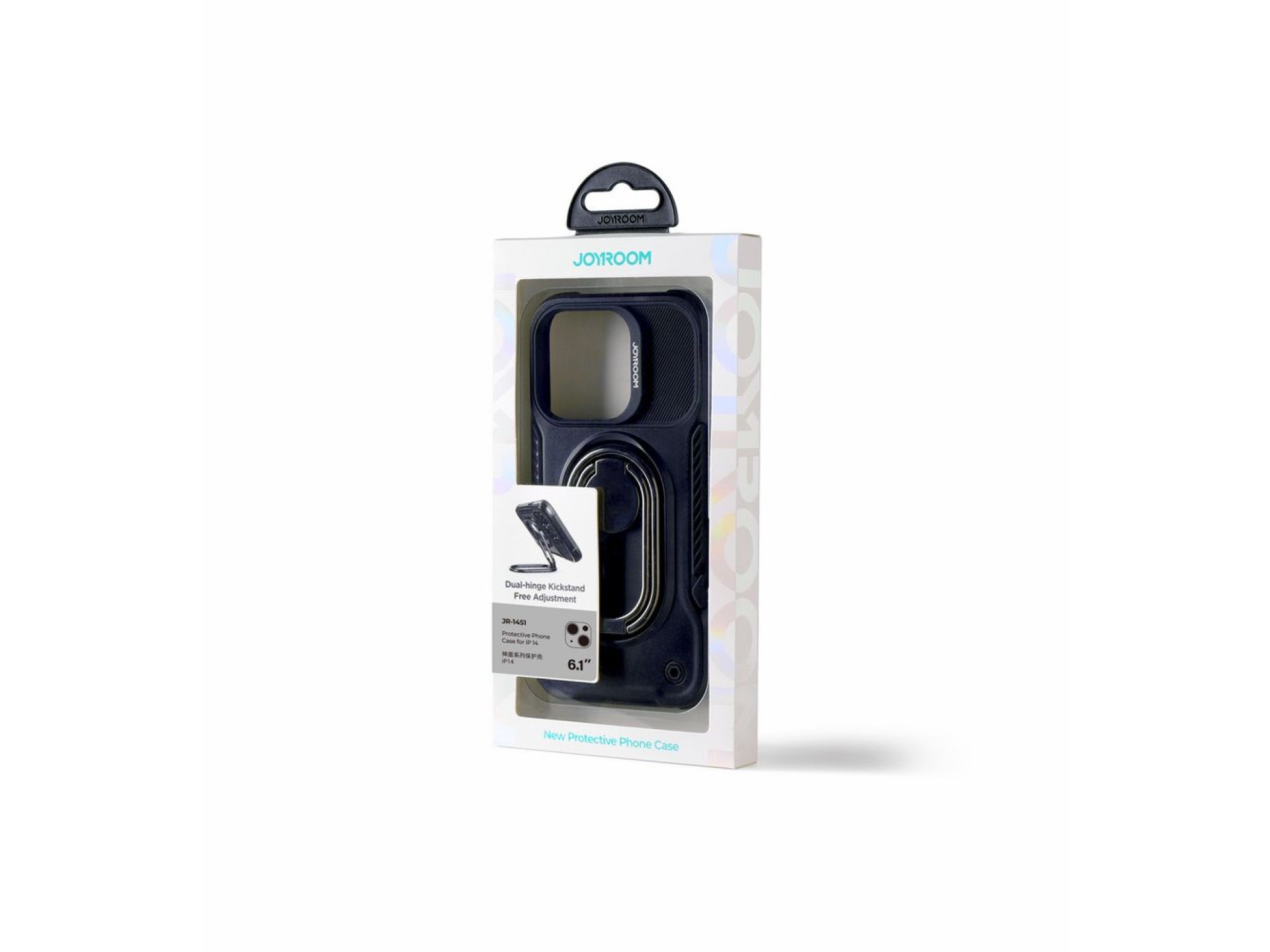 Capa Joyroom Dual Hinge para iPhone 14, capa reforçada com suporte e anel de fixação, preta.