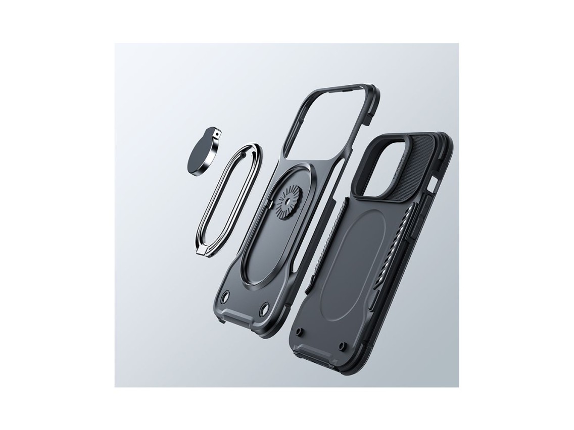 Capa Joyroom Dual Hinge para iPhone 14, capa reforçada com suporte e anel de fixação, preta.