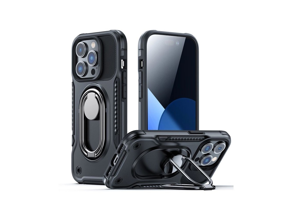 Capa Joyroom Dual Hinge para iPhone 14 Pro, capa reforçada com suporte e anel de fixação, preta.