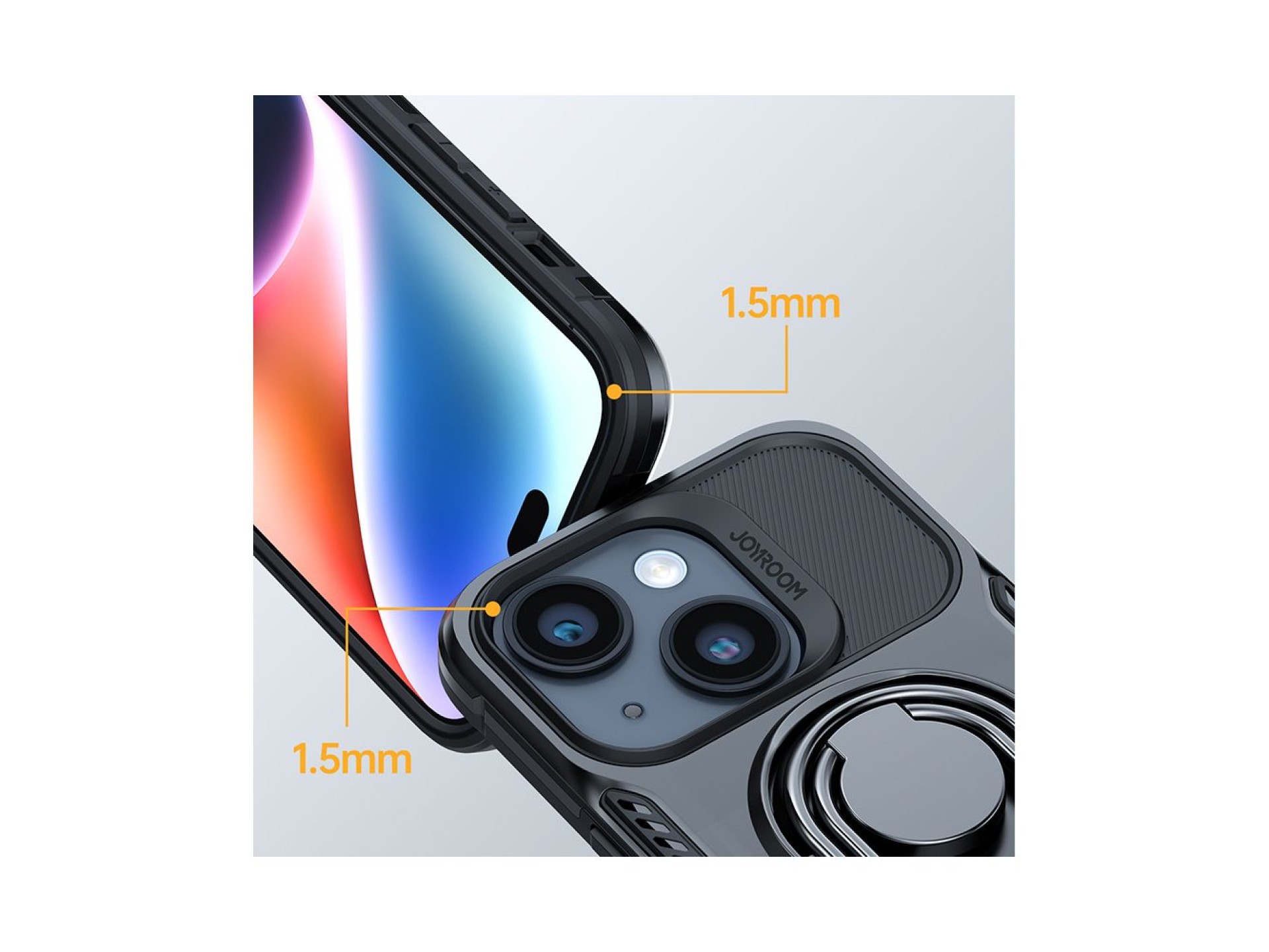 Capa Joyroom Dual Hinge para iPhone 14, capa reforçada com suporte e anel de fixação, preta.