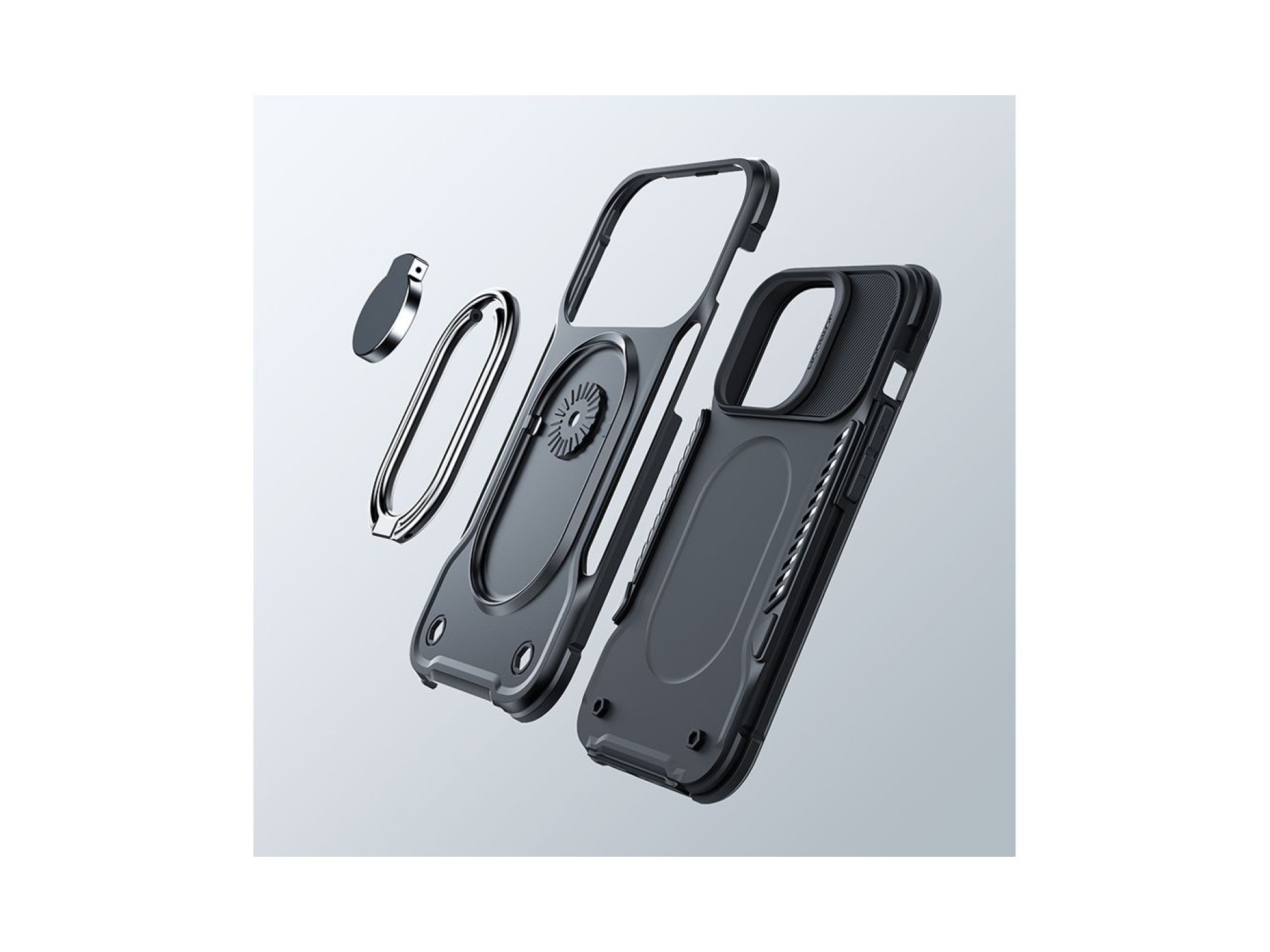 Capa Joyroom Dual Hinge para iPhone 14 Pro, capa reforçada com suporte e anel de fixação, preta.