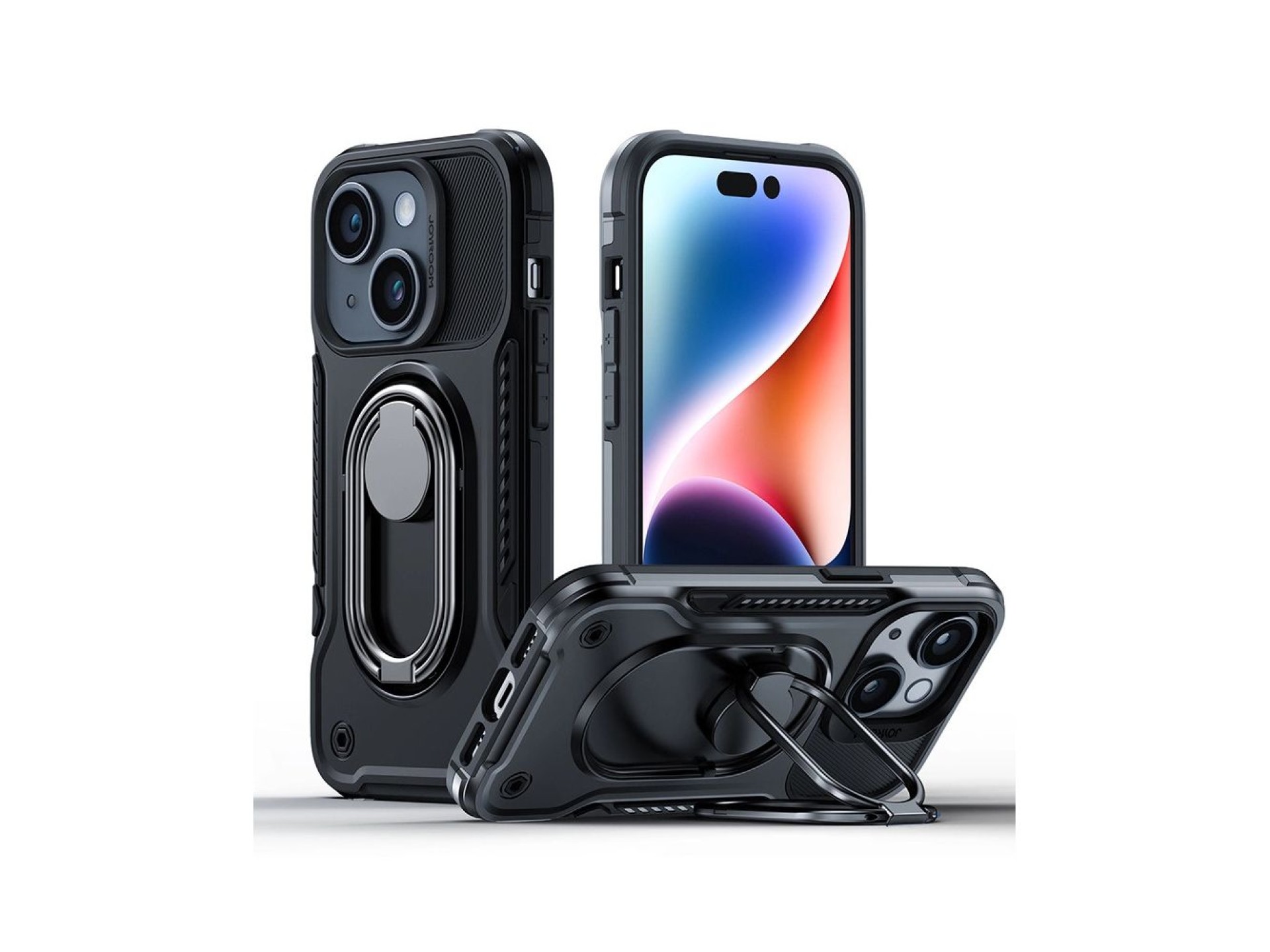 Capa Joyroom Dual Hinge para iPhone 14, capa reforçada com suporte e anel de fixação, preta.