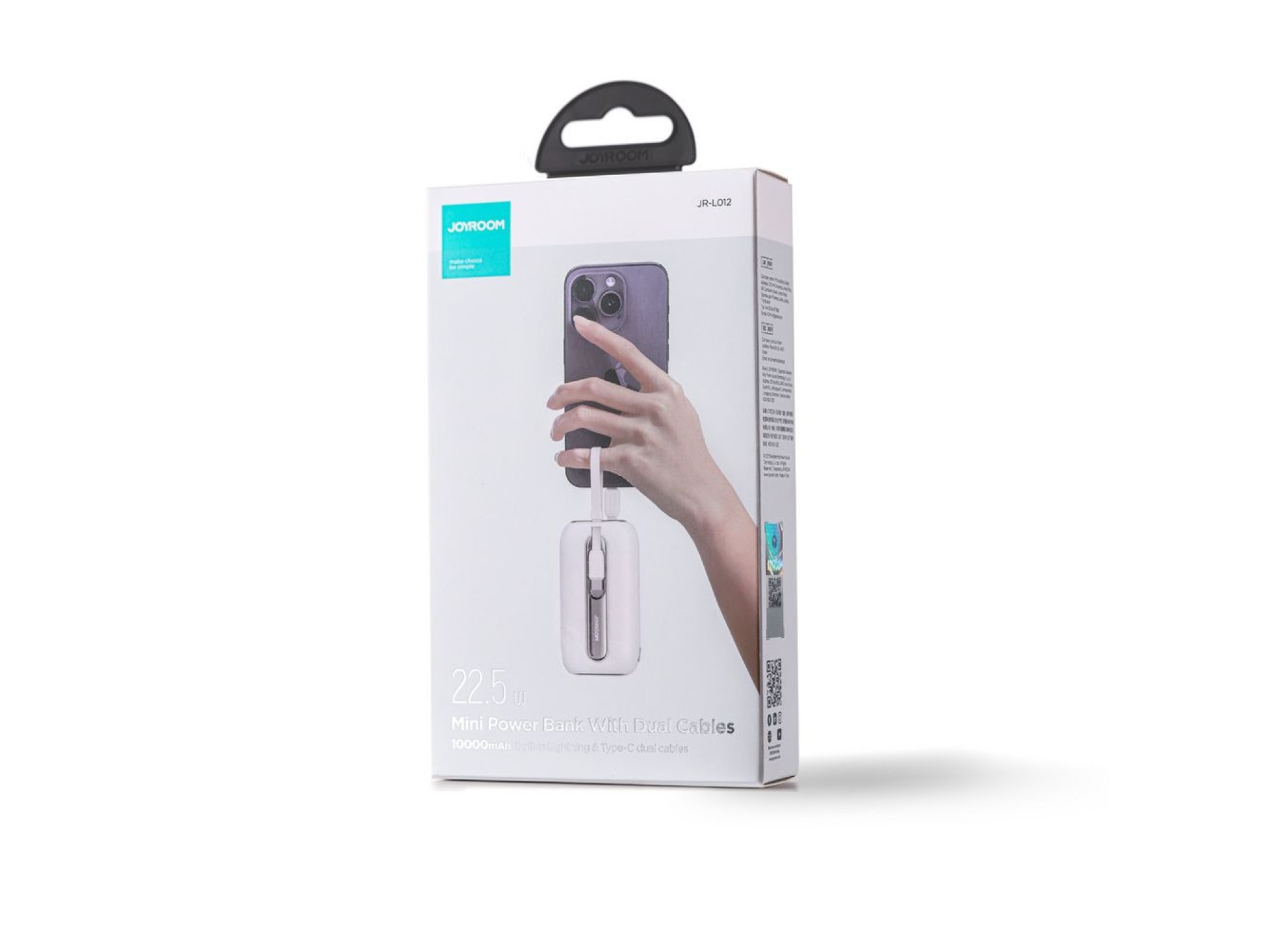 Mini powerbank Joyroom 10000mAh Série Colorida 22.5W com 2 cabos USB C e Lightning integrados, branc