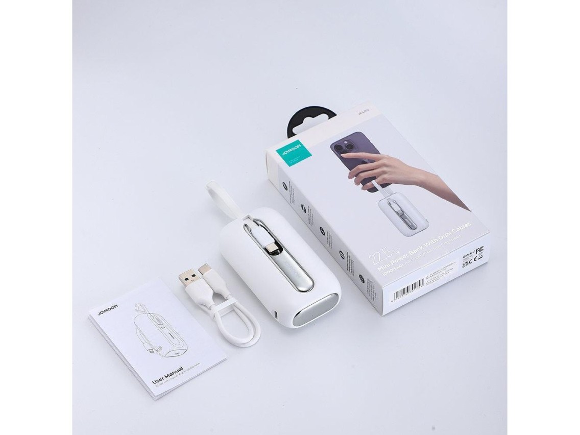 Mini powerbank Joyroom 10000mAh Série Colorida 22.5W com 2 cabos USB C e Lightning integrados, branc