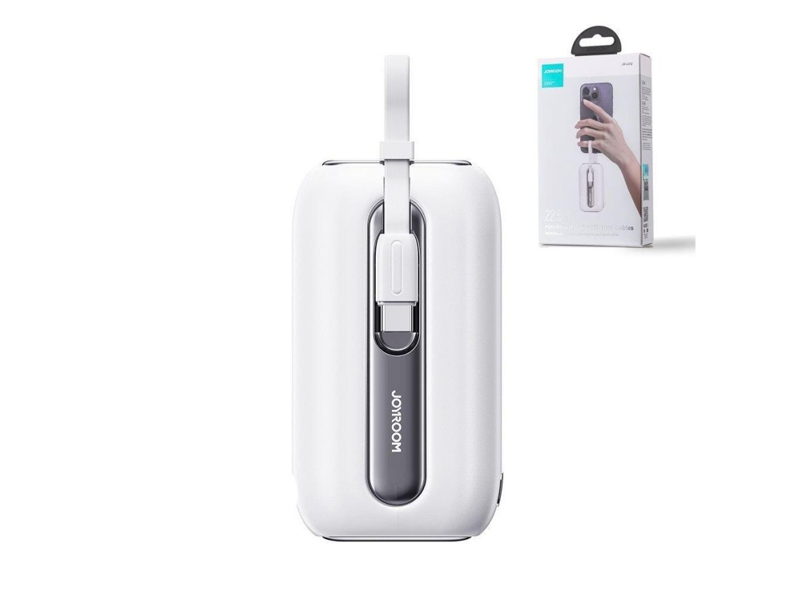 Mini powerbank Joyroom 10000mAh Série Colorida 22.5W com 2 cabos USB C e Lightning integrados, branc