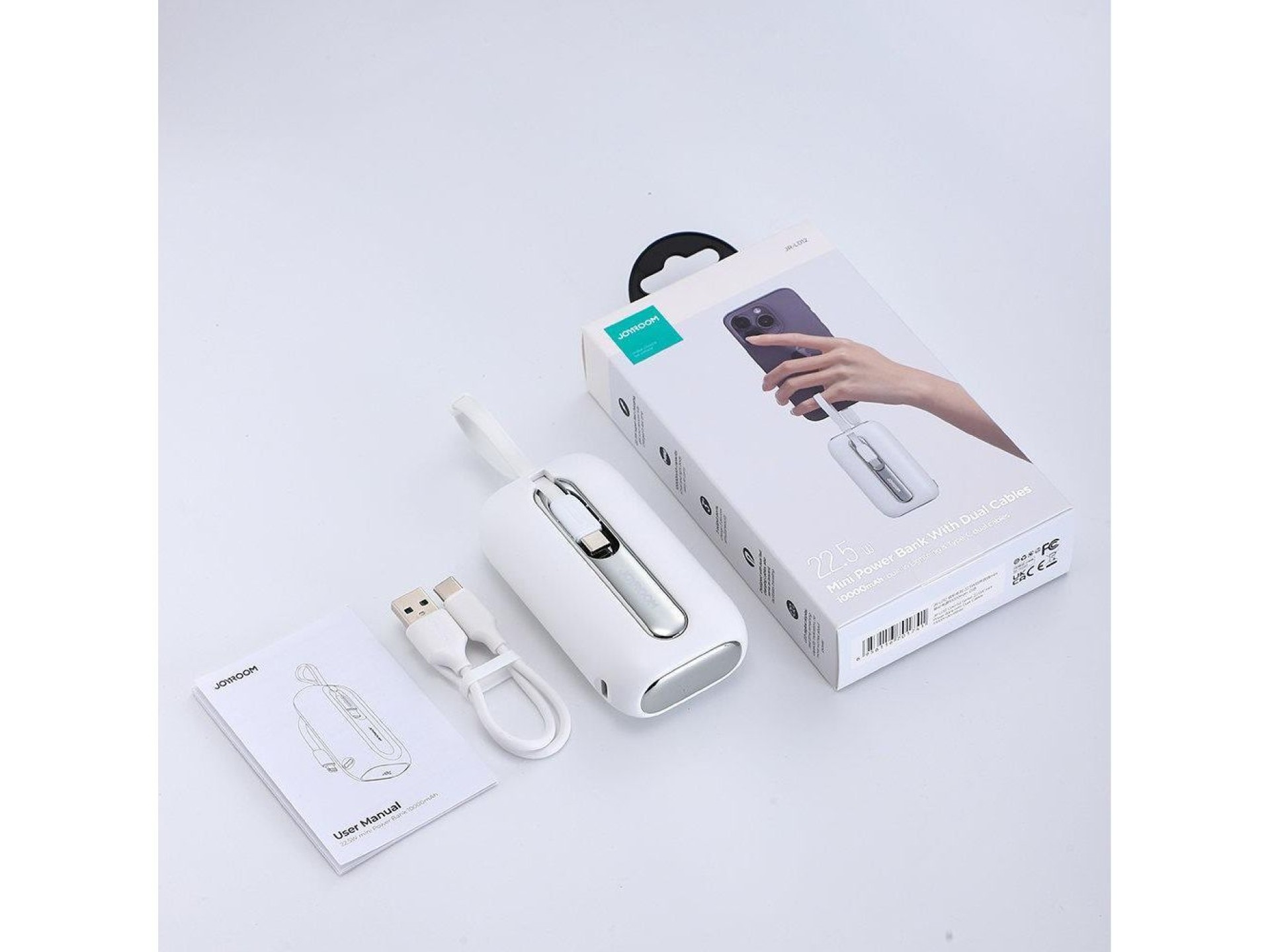 Mini powerbank Joyroom 10000mAh Série Colorida 22.5W com 2 cabos USB C e Lightning integrados, branc