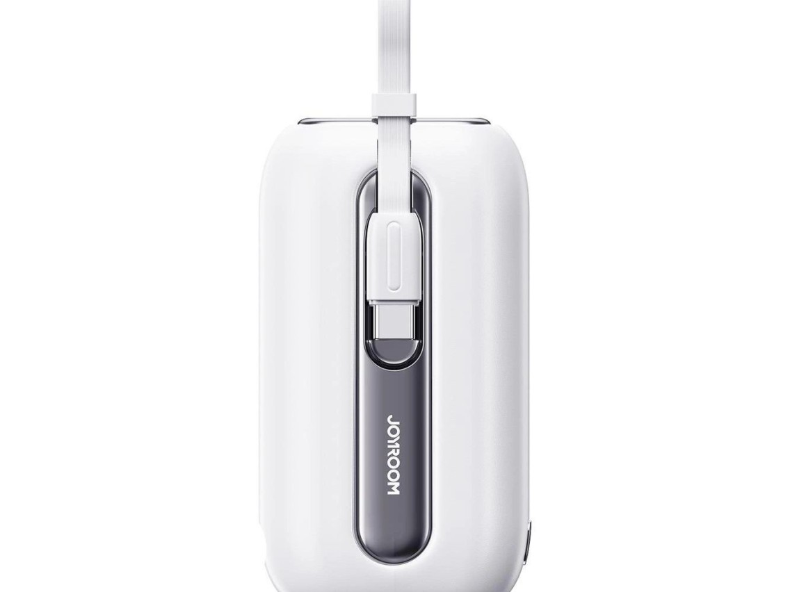 Mini powerbank Joyroom 10000mAh Série Colorida 22.5W com 2 cabos USB C e Lightning integrados, branc