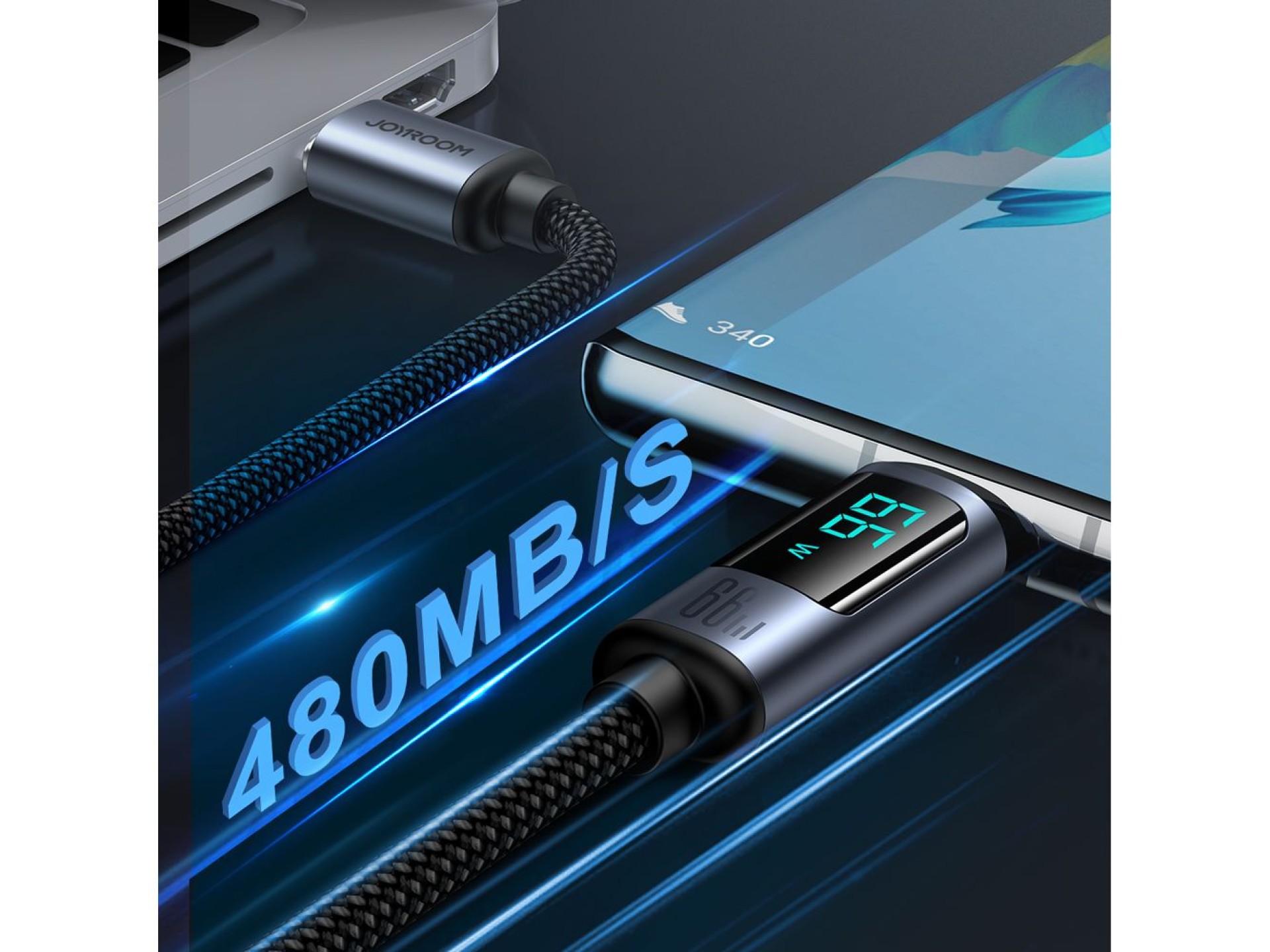 Cable USB-C/USB-A Joyroom Prism Series A16 de 66 W y 1,2 m con pantalla LED - Negro
