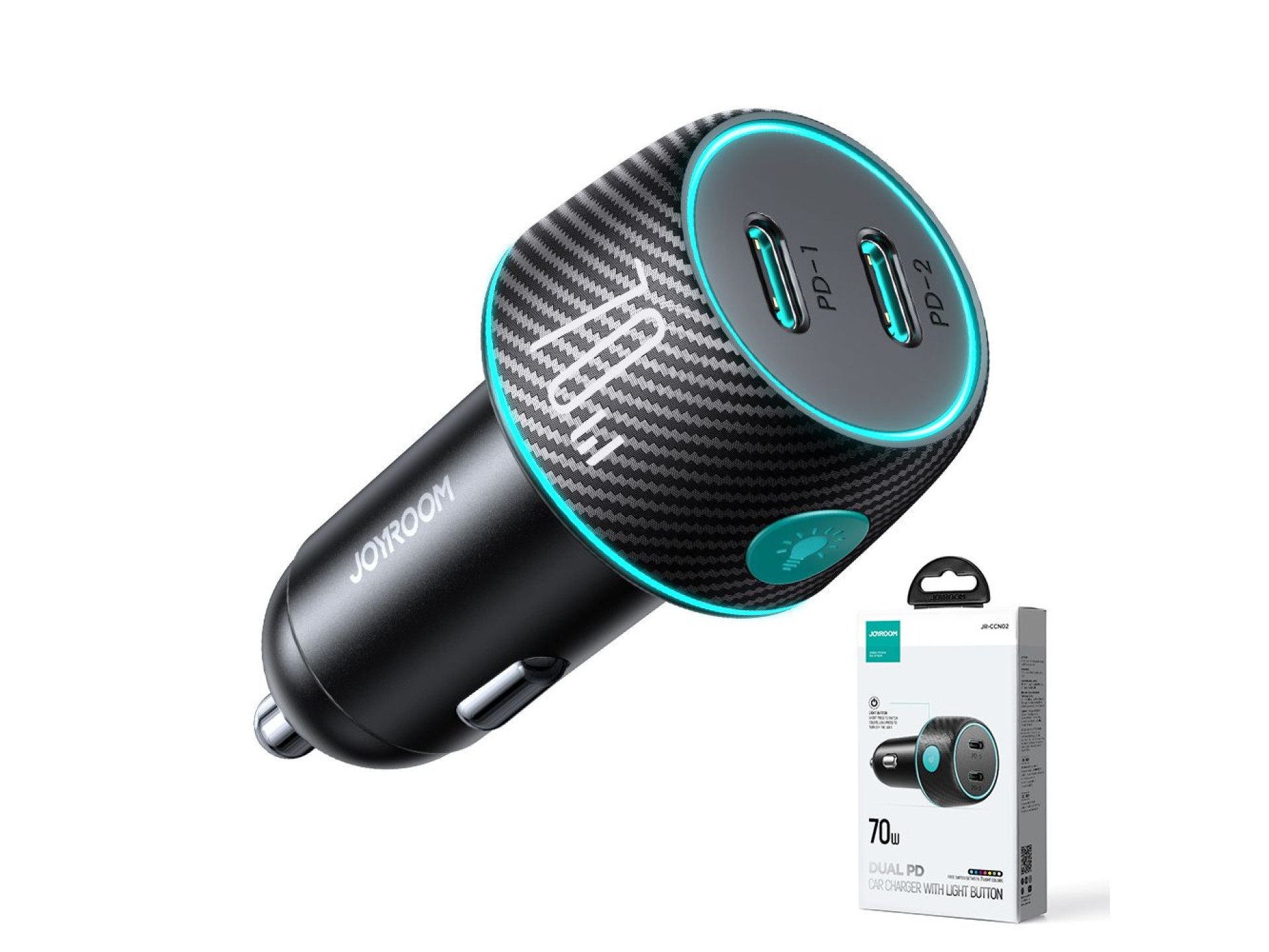 Cargador de coche 2x USB C de 70W con retroiluminación LED Joyroom JR-CCN02 - negro