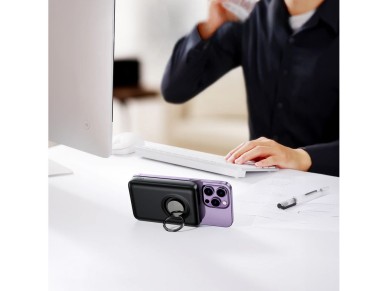 Wireless powerbank 10000mAh Joyroom JR-W050 20W MagSafe with ring and stand - black Wireless powerbank 10000mAh Joyroom JR-W050 20W MagSafe with ring and stand - black