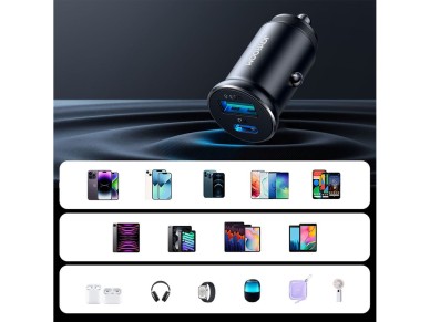 Carregador veicular mini USB-A USB-C Joyroom JR-CCN05 de 30 W - Preto