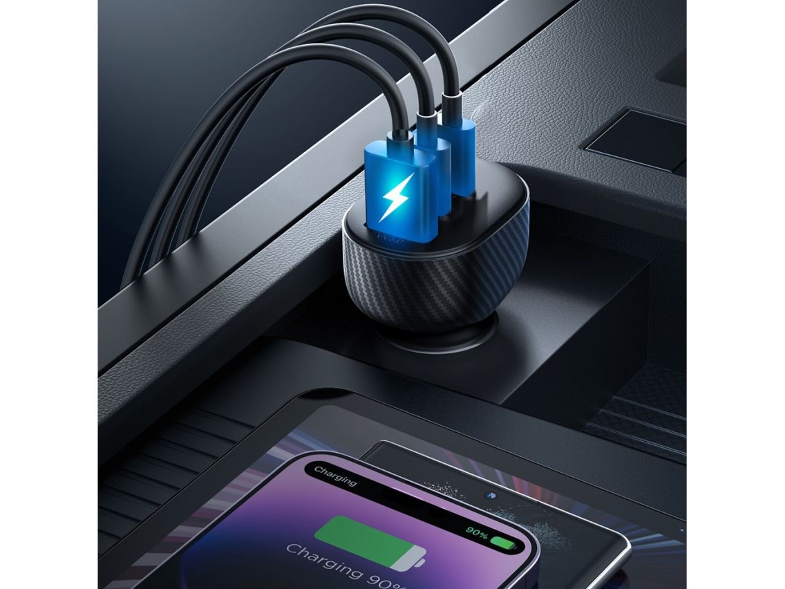 Carregador veicular Joyroom JR-CCD04 30W com 2 portas USB-C e USB-A e visor - preto