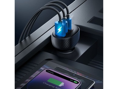 Carregador veicular Joyroom JR-CCD04 30W com 2 portas USB-C e USB-A e visor - preto