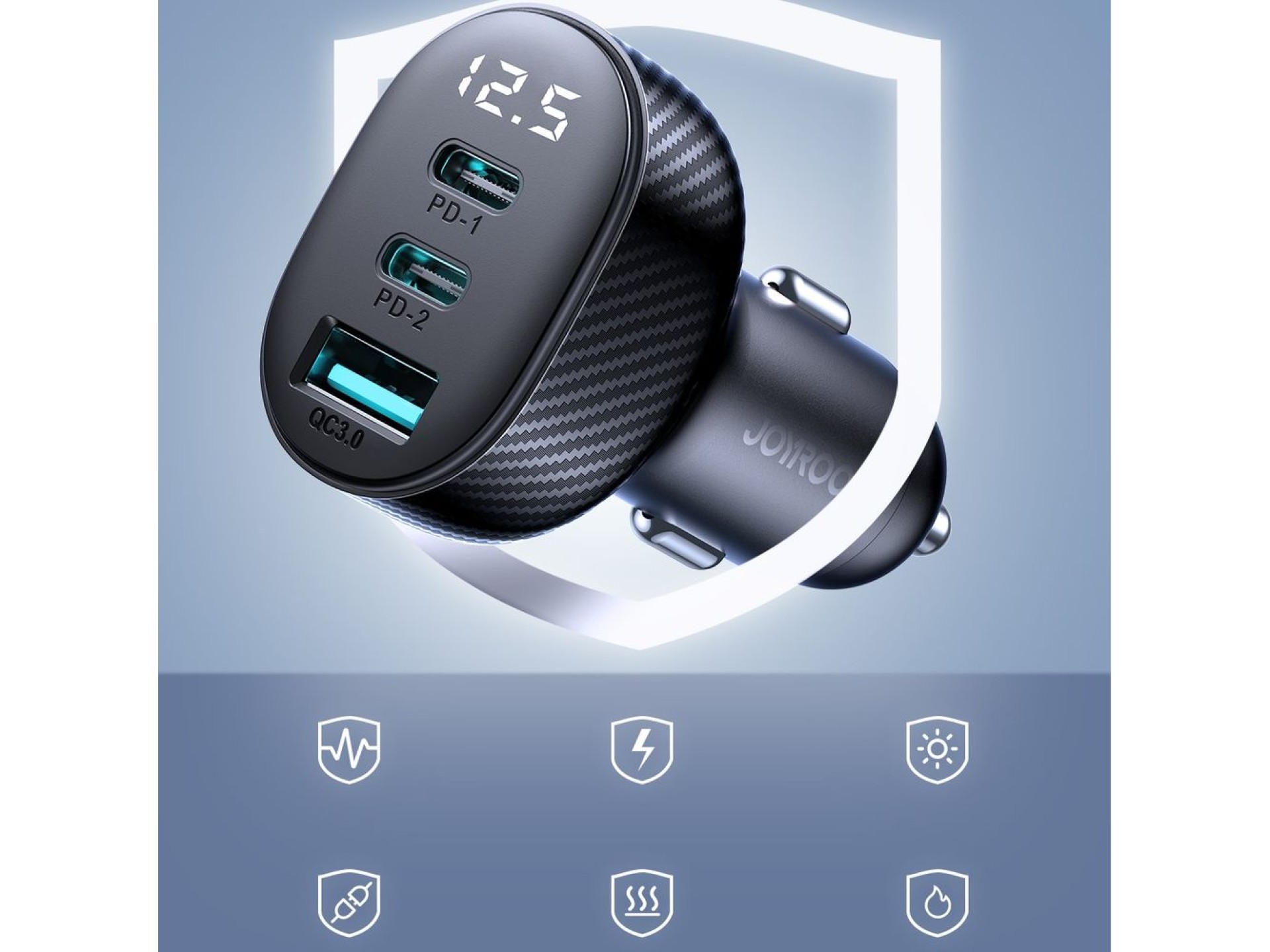 Carregador veicular Joyroom JR-CCD04 30W com 2 portas USB-C e USB-A e visor - preto