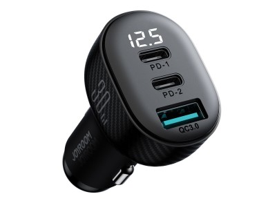 Carregador veicular Joyroom JR-CCD04 30W com 2 portas USB-C e USB-A e visor - preto