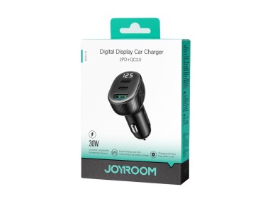 Carregador veicular Joyroom JR-CCD04 30W com 2 portas USB-C e USB-A e visor - preto