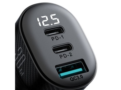 Carregador veicular Joyroom JR-CCD04 30W com 2 portas USB-C e USB-A e visor - preto