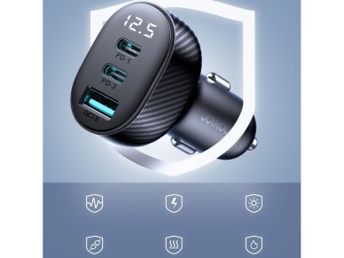Carregador veicular Joyroom JR-CCD04 30W com 2 portas USB-C e USB-A e visor - preto