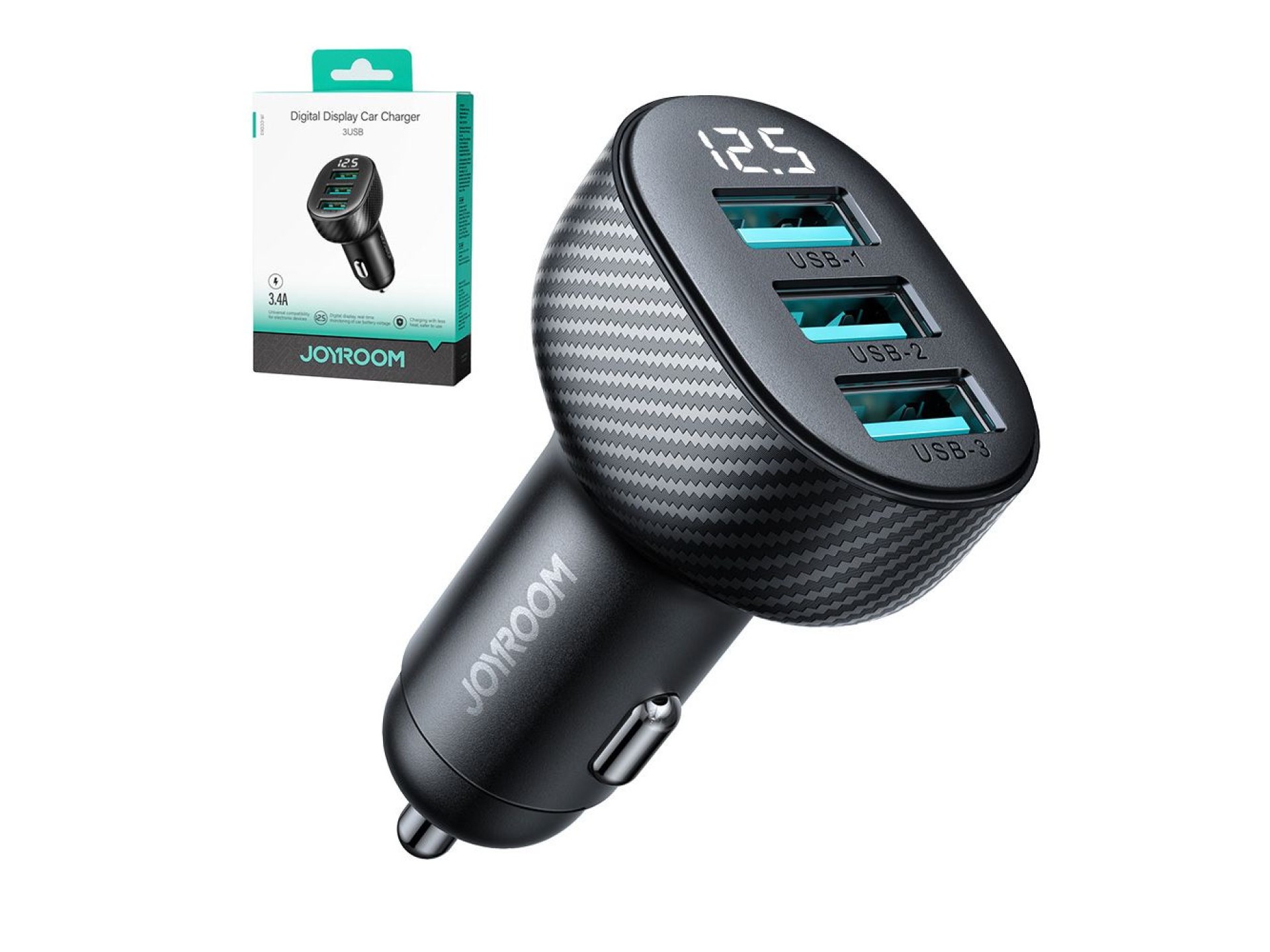Cargador de coche Joyroom JR-CCD03 de 3,4 A con pantalla y 3 puertos USB-A - Negro