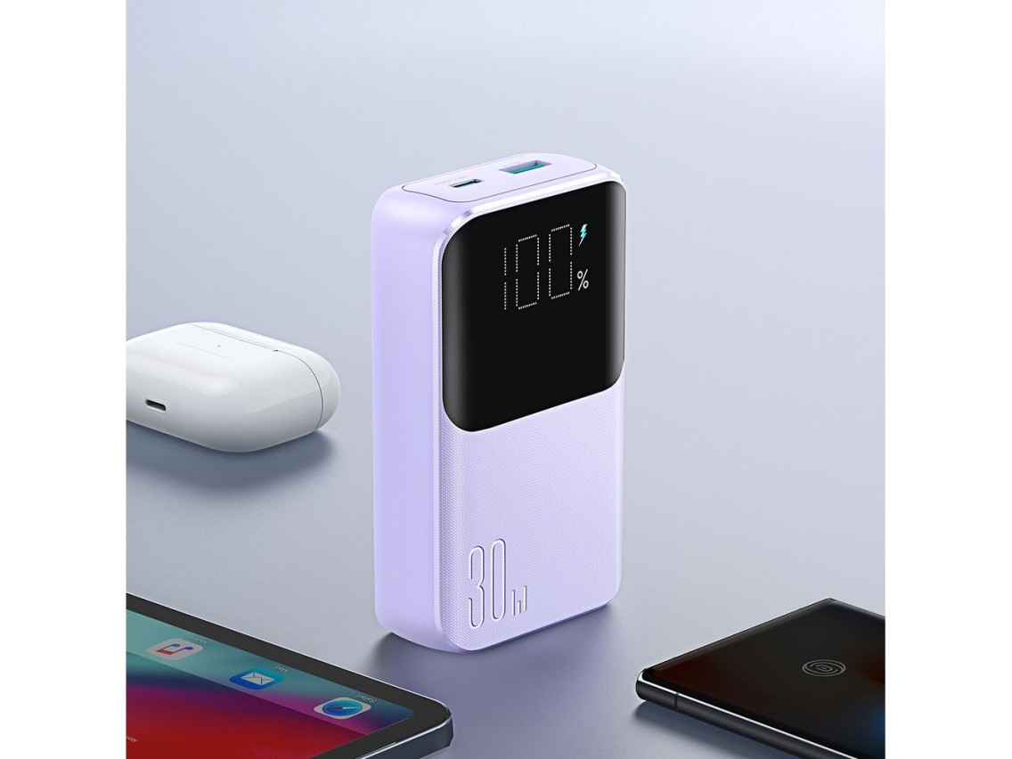 Mini power bank Joyroom JR-PBC06 com cabos USB-C/Lightning integrados, 30W, 10000mAh - roxo
