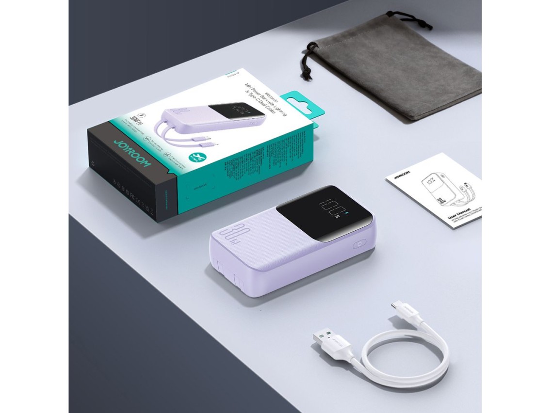 Mini power bank Joyroom JR-PBC06 com cabos USB-C/Lightning integrados, 30W, 10000mAh - roxo