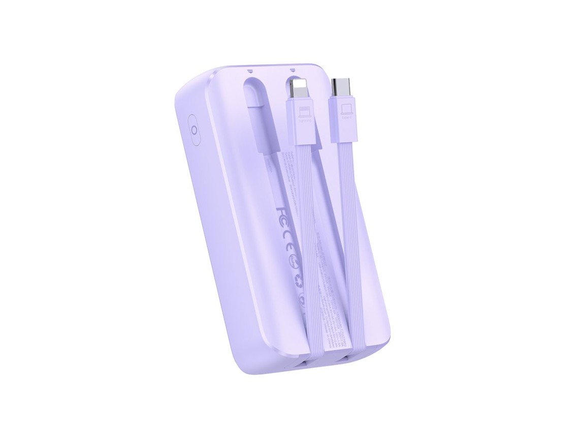 Mini power bank Joyroom JR-PBC06 com cabos USB-C/Lightning integrados, 30W, 10000mAh - roxo