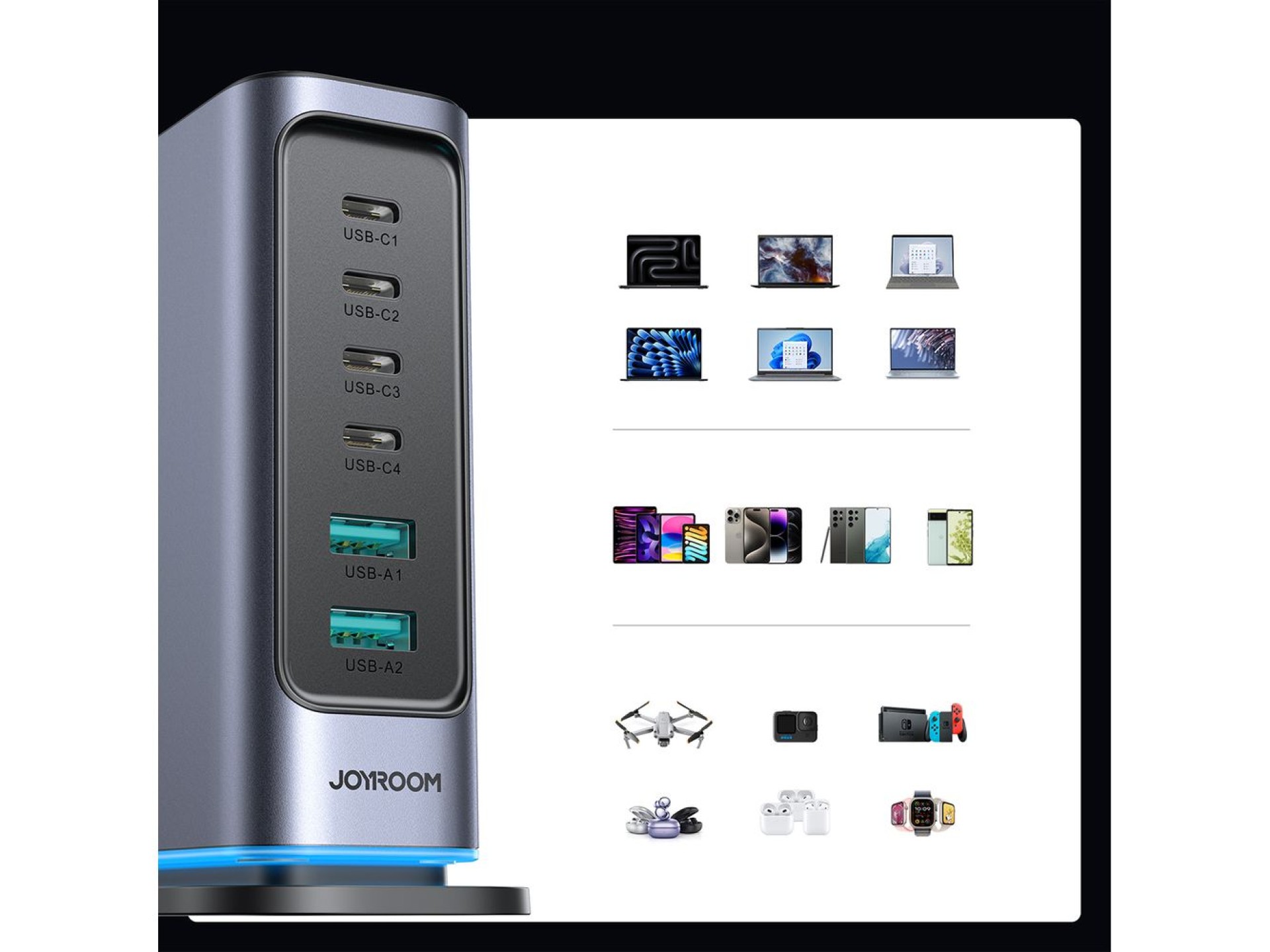 Joyroom JR-TCM02 Multiport GaN Charger 65W EU 4x USB-C 2x USB-A - Dark Gray