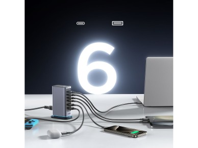 Joyroom JR-TCM02 Multiport GaN Charger 65W EU 4x USB-C 2x USB-A - Dark Gray Joyroom JR-TCM02 Multiport GaN Charger 65W EU 4x USB-C 2x USB-A - Dark Gray