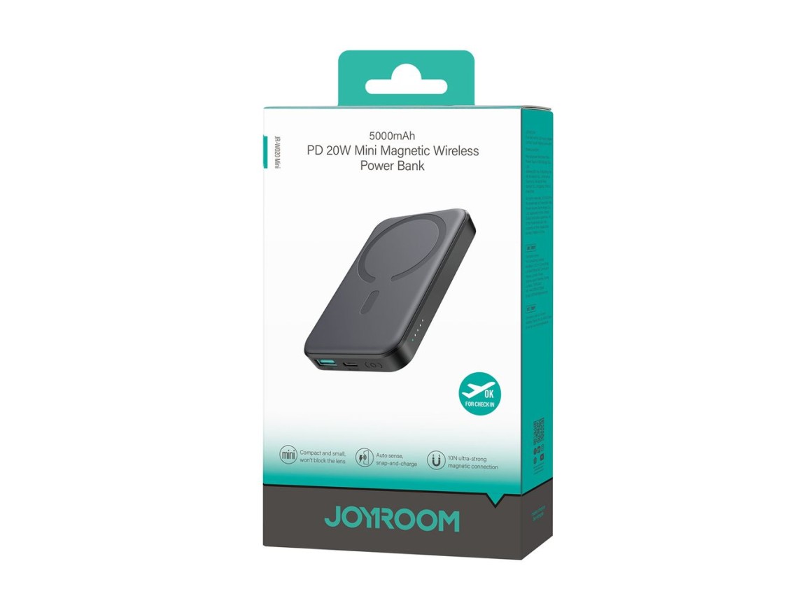 Powerbank Joyroom JR-W020 Mini 5000mAh USB-A USB-C inductivo 20W - negro + cable USB-C / USB-C