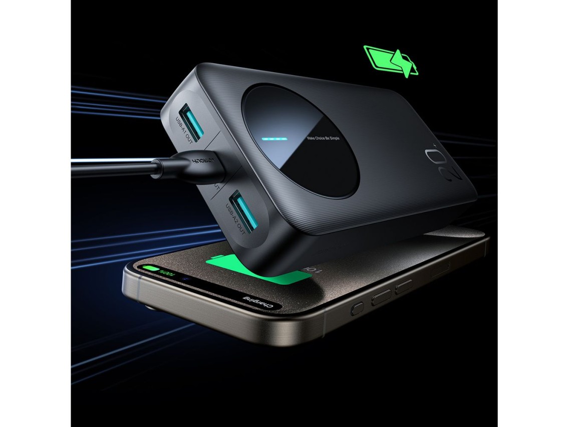 Batería externa Joyroom JR-PBF14 de 20000 mAh y 2,4 A con 2 puertos USB-A y 1 puerto USB-C (negra).