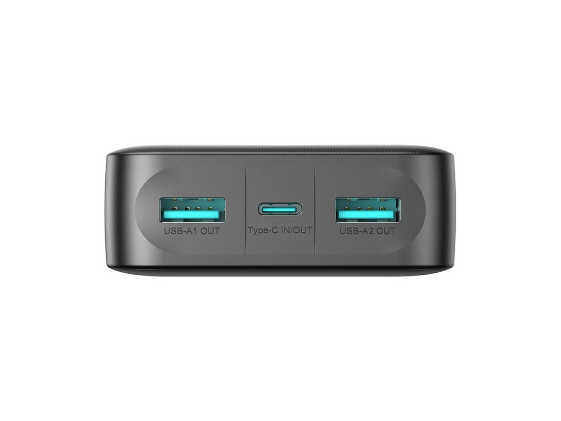 Batería externa Joyroom JR-PBF14 de 20000 mAh y 2,4 A con 2 puertos USB-A y 1 puerto USB-C (negra).