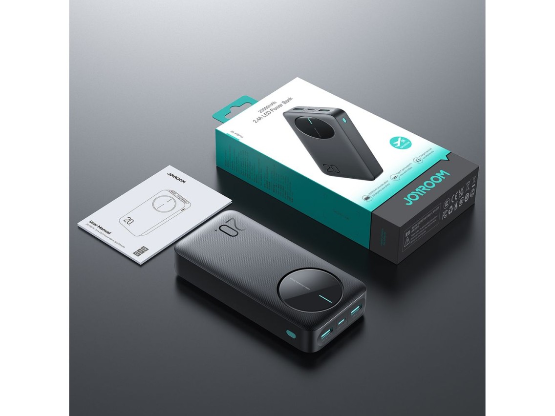 Batería externa Joyroom JR-PBF14 de 20000 mAh y 2,4 A con 2 puertos USB-A y 1 puerto USB-C (negra).