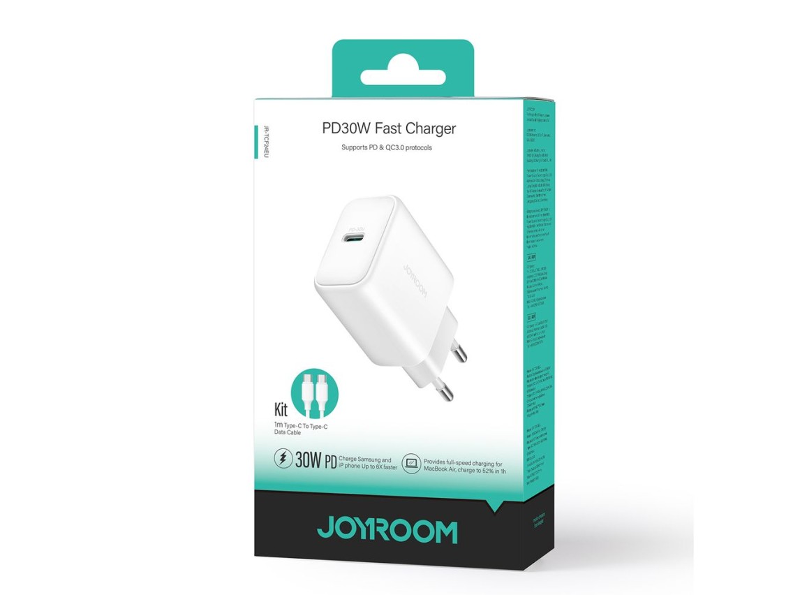 Cargador de red Joyroom JR-TCF24 USB-C PD 30W QC SFC - blanco + cable USB-C de 1 m