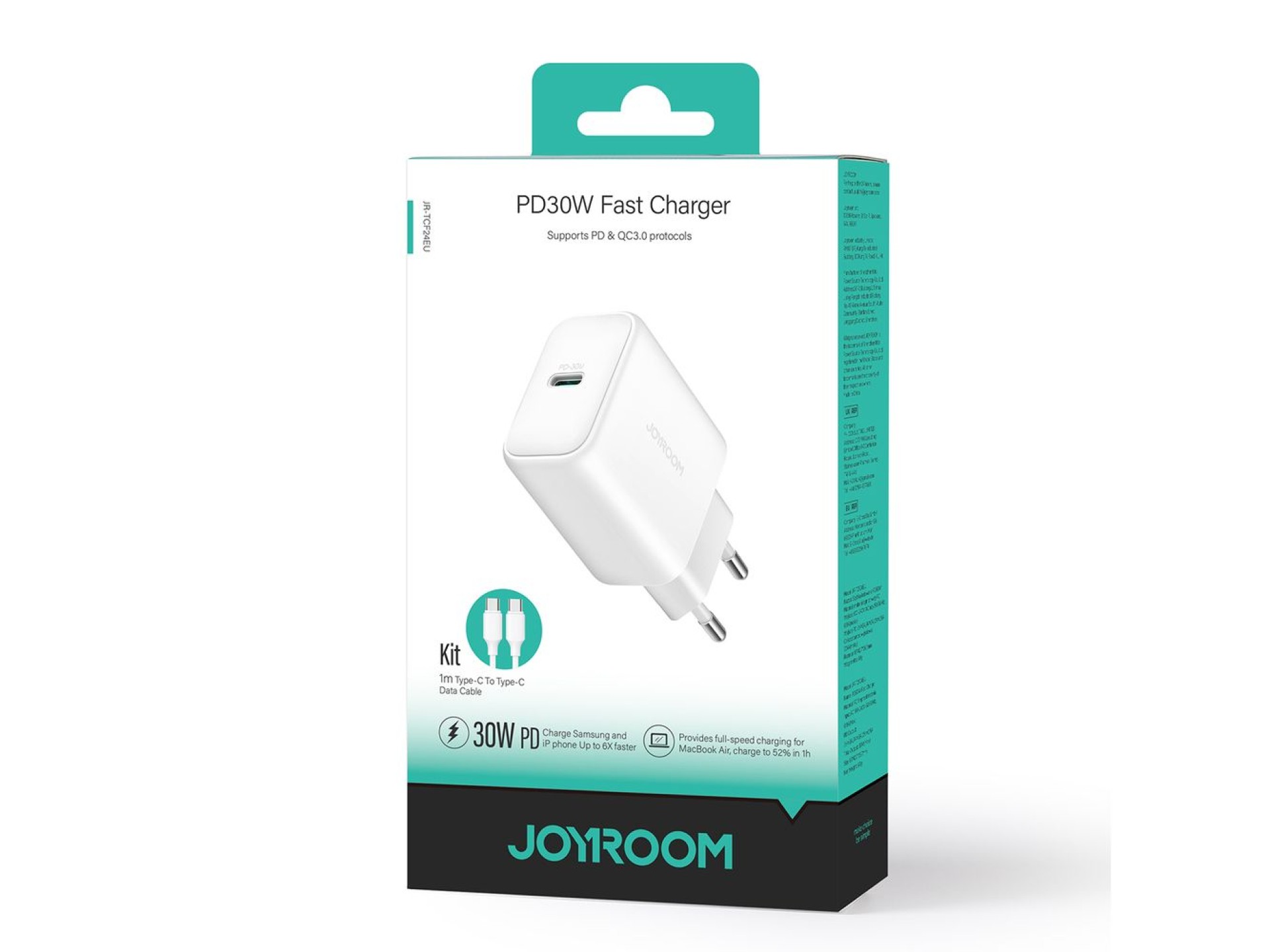 Cargador de red Joyroom JR-TCF24 USB-C PD 30W QC SFC - blanco + cable USB-C de 1 m