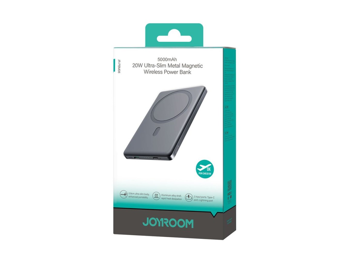 Batería externa Joyroom JR-PBM08 de 5000 mAh y 20 W, ultradelgada con carga inductiva - gris