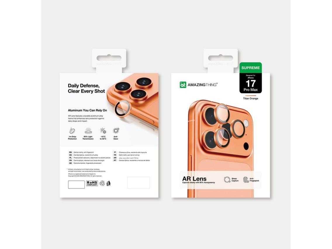 Lente de cristal AmazingThing para iPhone 17 Pro / Pro Max - con marco naranja