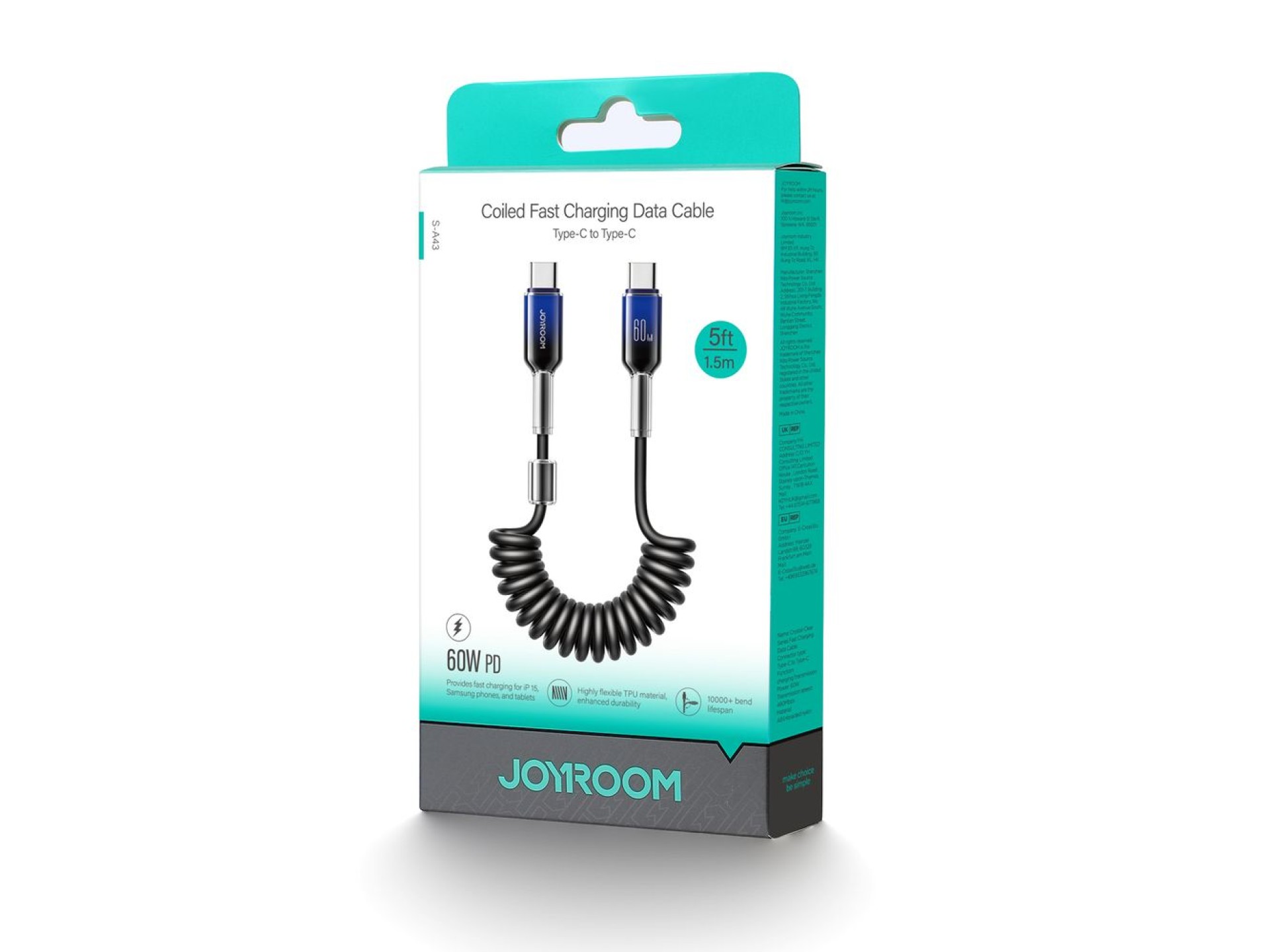 Joyroom S-A43 Crystal-Clear Series 60W USB-C - USB-C spiral cable 1.5m - black